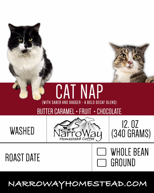 Cat Nap Decaf:  A Saber & Dagger Bold SWP Decaf Blend